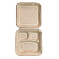 9 inch Bagasse Clamshell - 3 Compartment - Natural