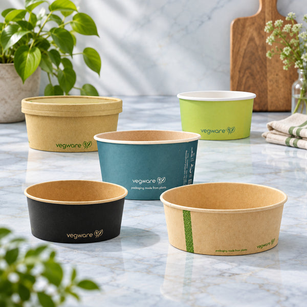 Five Vegware paper food bowls in different colors including beige, green, blue, black, and brown, arranged on a benchtop