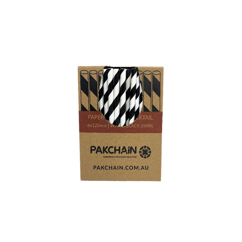 Paper Straws Cocktail 6 x 120mm - White/Black Swirl (Box)