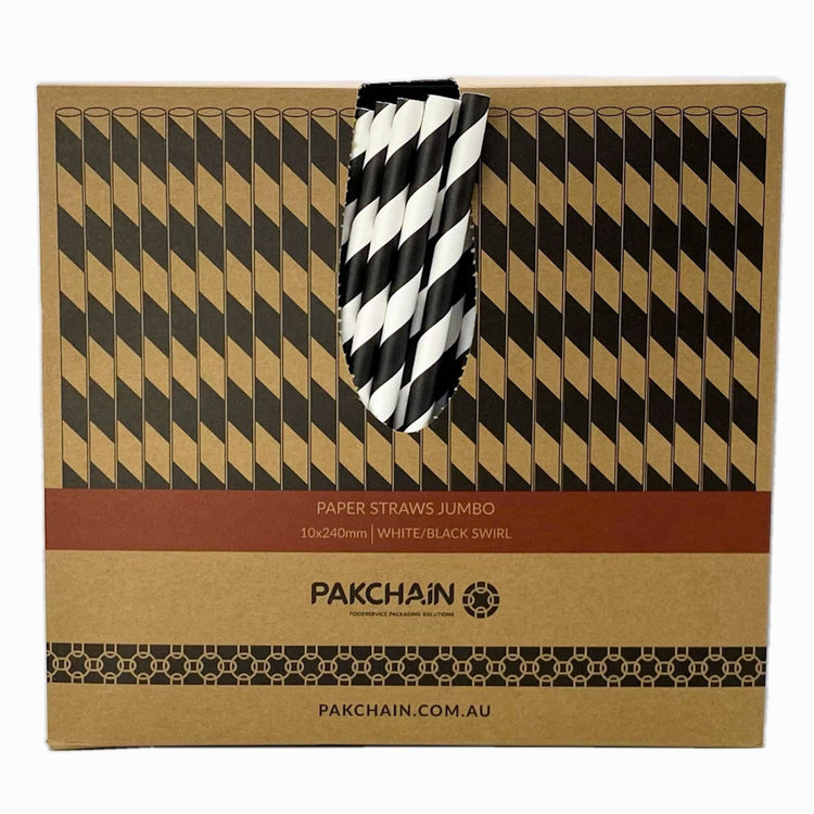 Paper Straws Jumbo 10 x 240mm - White/Black Swirl