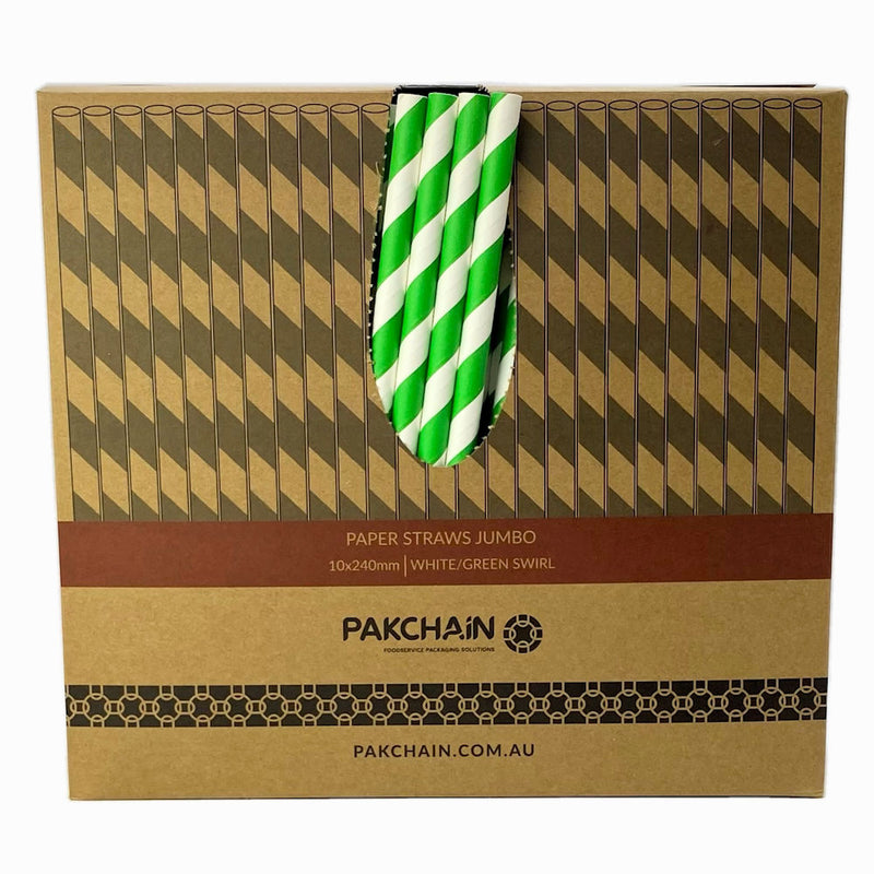 Paper Straws Jumbo 10 x 240mm XL - White/Green Swirl (Box)