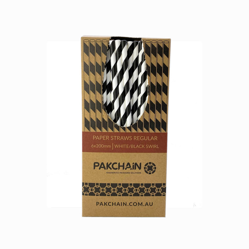 Paper Straws Regular 6 x 200mm - White/Black Swirl (Box)