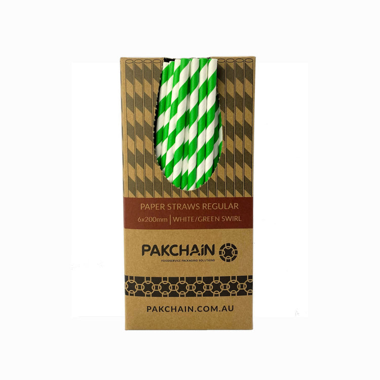 Paper Straws Regular 6 x 200mm - White/Green Swirl