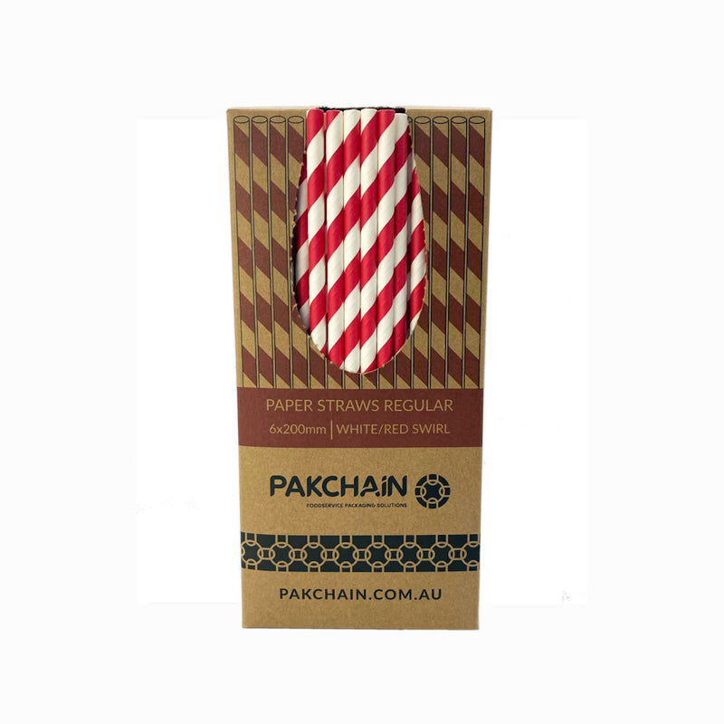 Paper Straws Regular 6 x 200mm - White/Red Swirl (Box)