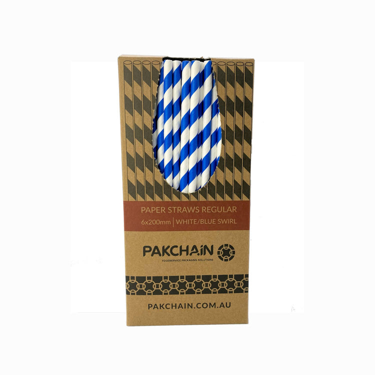 Paper Straws Regular 6 x 200mm - White/Blue Swirl