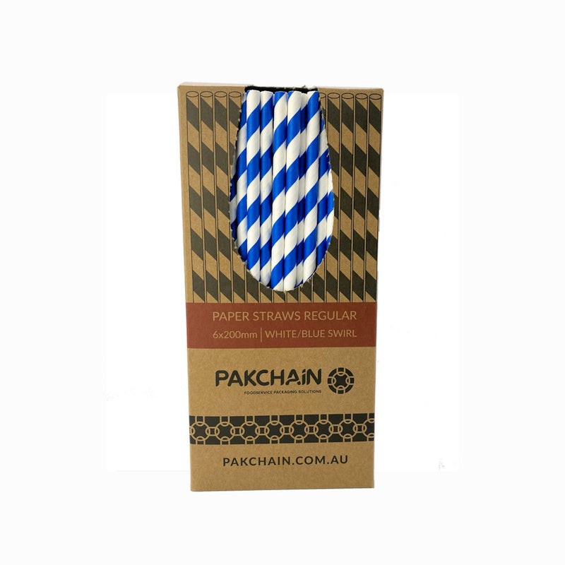 Paper Straws Regular 6 x 200mm - White/Blue Swirl (Box)