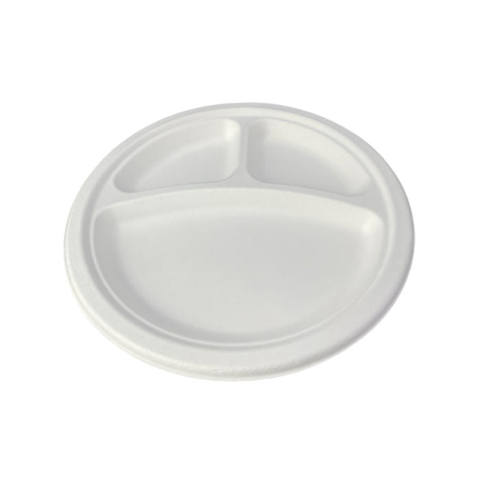 Round Plate 9" (23cm) 3 Sections - PFAS Free White - Sugarcane