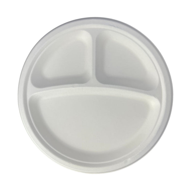 Round Plate 10" (25cm) 3 Sections - PFAS Free White - Sugarcane