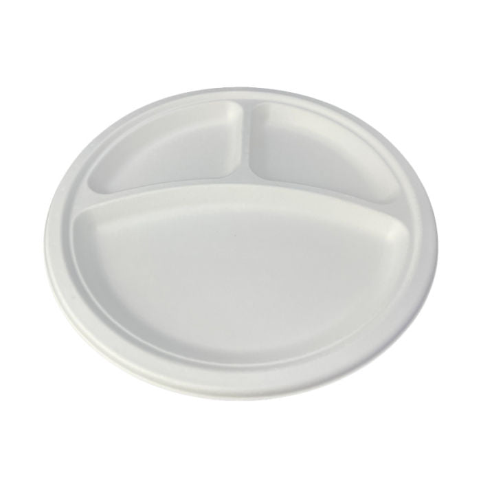 Round Plate 10" (25cm) 3 Sections - PFAS Free White - Sugarcane
