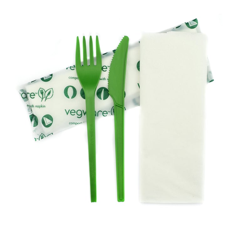 16cm Green CPLA Cutlery Set - Knife, Fork, Napkin - Image #1