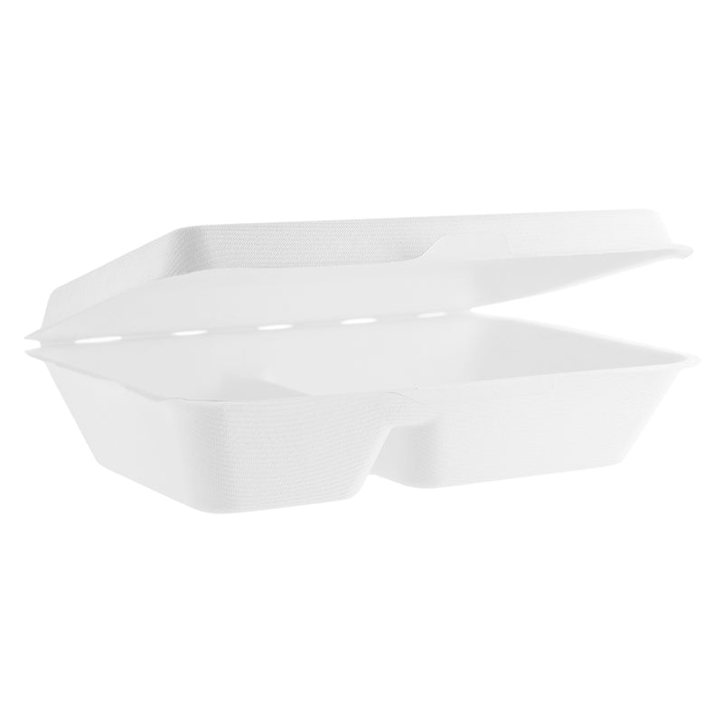 9 x 6 inch Bagasse Clamshell - 2 Compartment - White