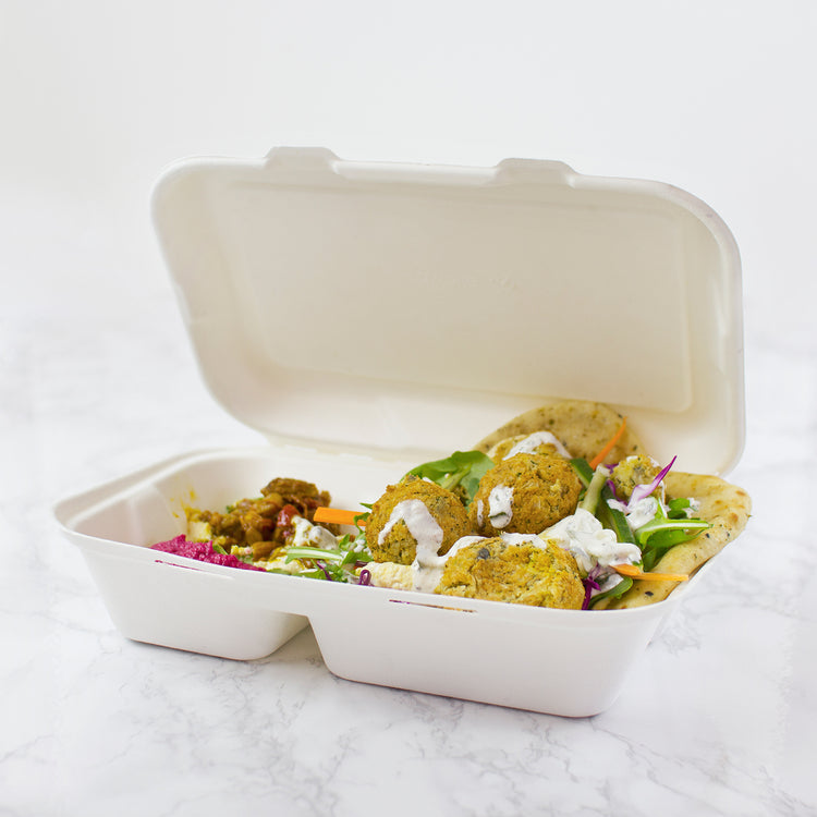 9 x 6 inch Bagasse Clamshell - 2 Compartment - White