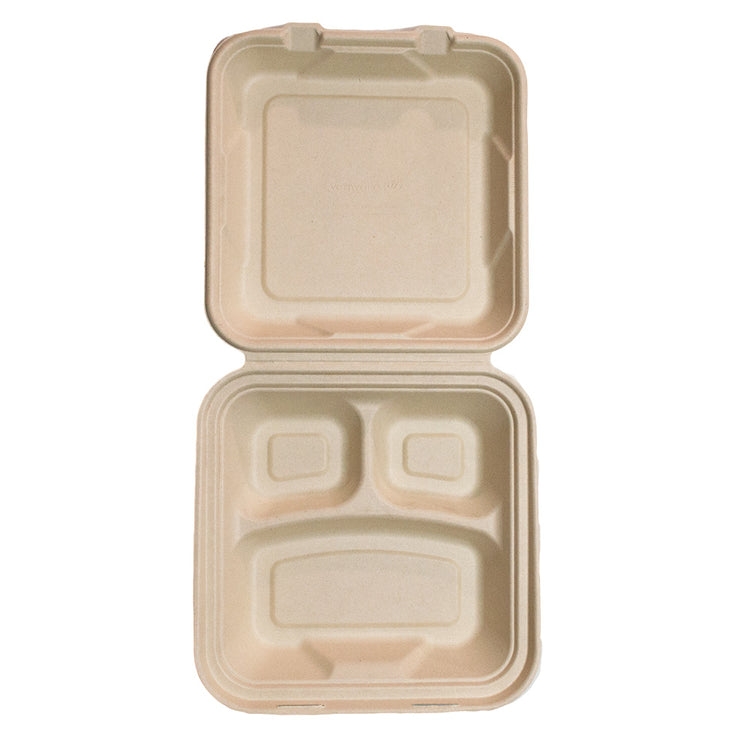 9 inch Bagasse Clamshell - 3 Compartment - Natural