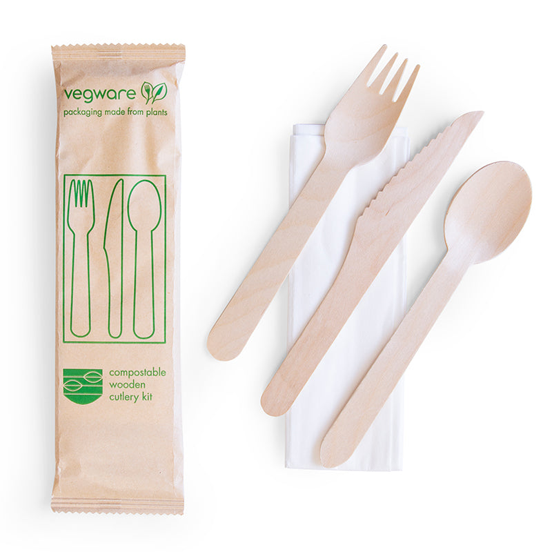 16cm High Grade Wooden Cutlery Set - Knife, Fork, Spoon with Napkin