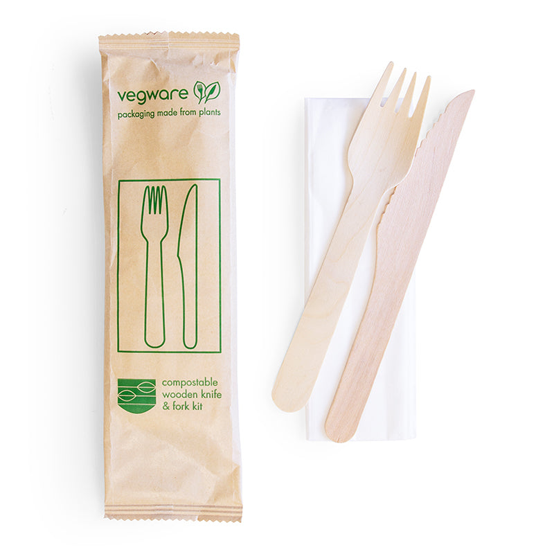 Wooden Cutlery Set - 16cm Knife, Fork with 1ply Napkin Kraft