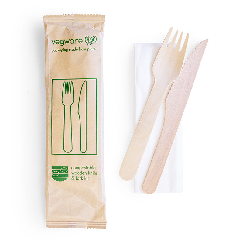 16cm Wooden Cutlery Set - Knife & Fork with Napkin