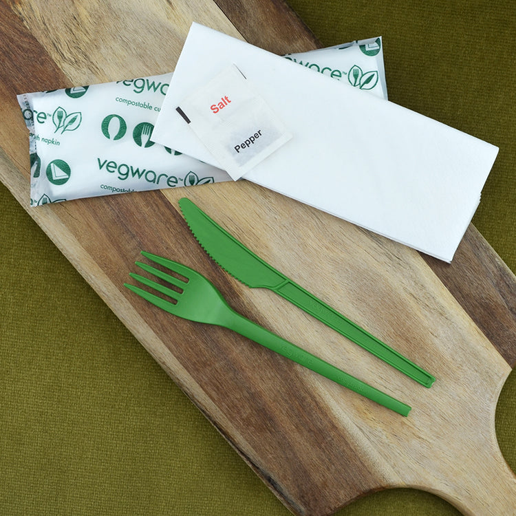 16cm Green CPLA Cutlery Set - Knife, Fork, Napkin, Salt & Pepper