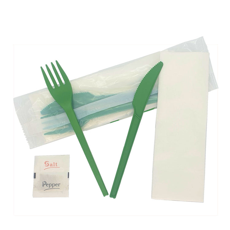 16cm Green CPLA Cutlery Set - Knife, Fork, Napkin, Salt & Pepper