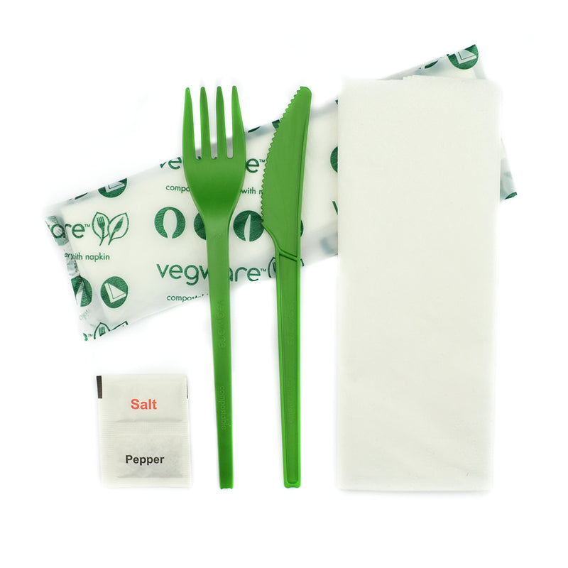 16cm Green CPLA Cutlery Set - Knife, Fork, Napkin, Salt & Pepper