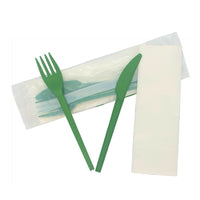 16cm Green CPLA Cutlery Set - Knife, Fork, Napkin