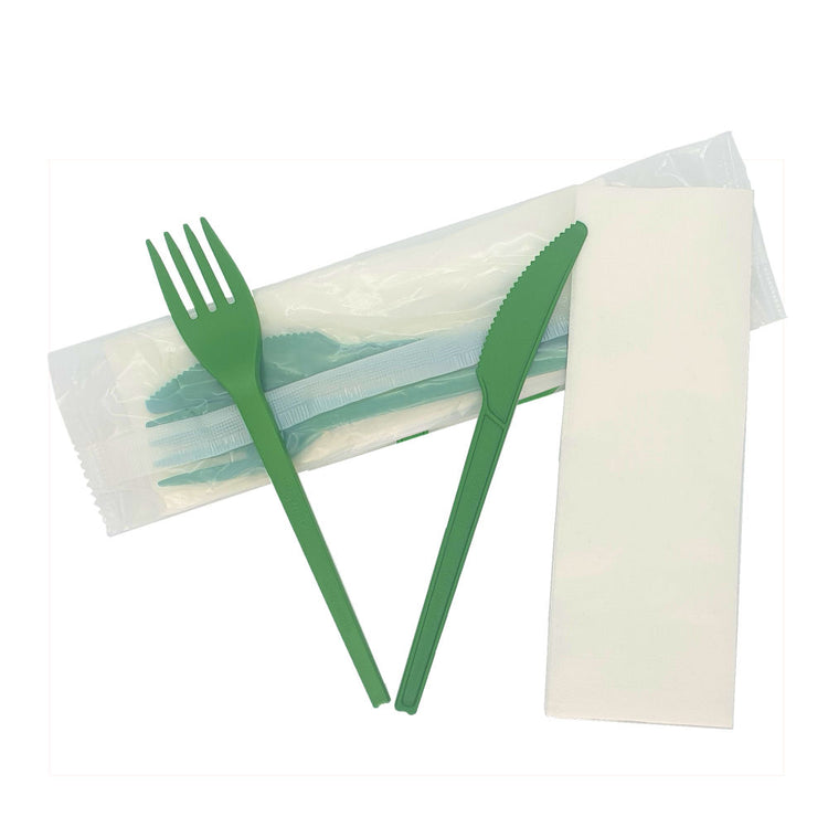 16cm Green CPLA Cutlery Set - Knife, Fork, Napkin