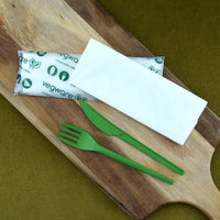 16cm Green CPLA Cutlery Set - Knife, Fork, Napkin