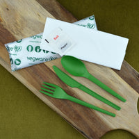 16cm Green CPLA Cutlery Set - Knife, Fork, Spoon, Napkin, Salt & Pepper