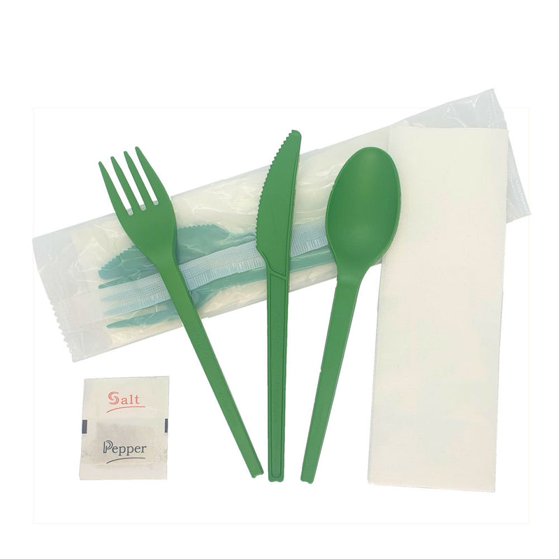 16cm Green CPLA Cutlery Set - Knife, Fork, Spoon, Napkin, Salt & Pepper