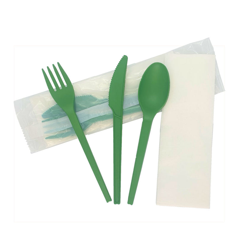 16cm Green CPLA Cutlery Set - Knife, Fork, Spoon, Napkin