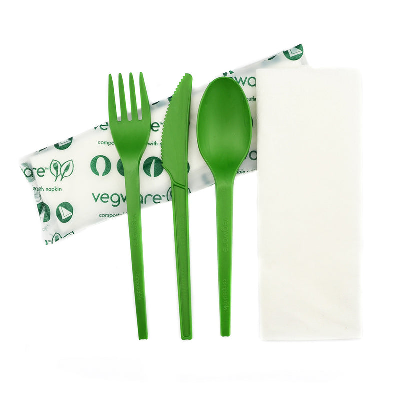 16cm Green CPLA Cutlery Set - Knife, Fork, Spoon, Napkin