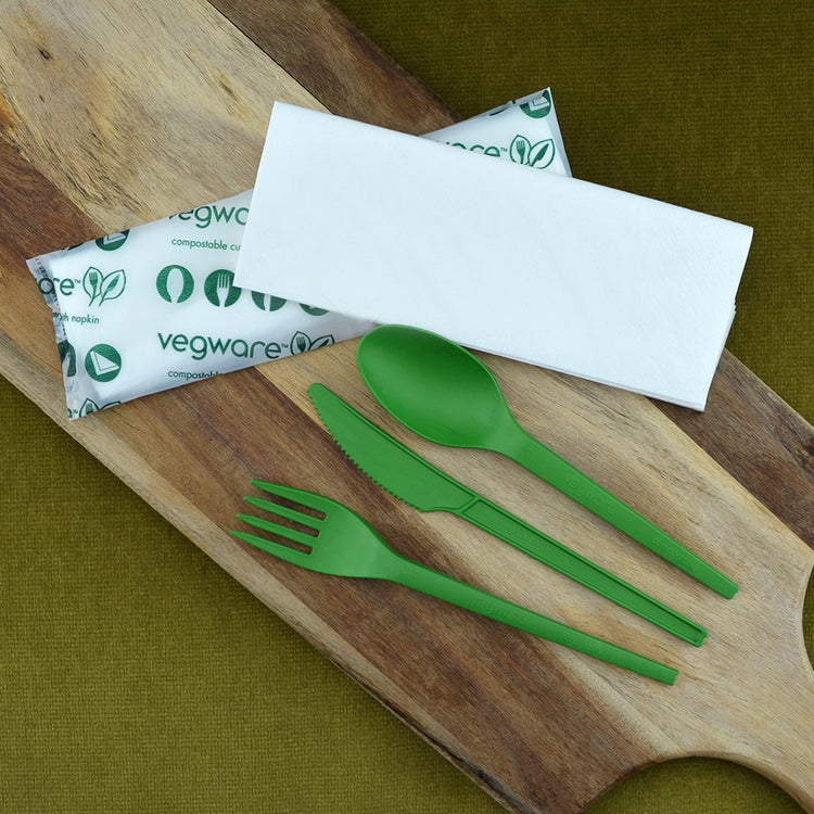 16cm Green CPLA Cutlery Set - Knife, Fork, Spoon, Napkin